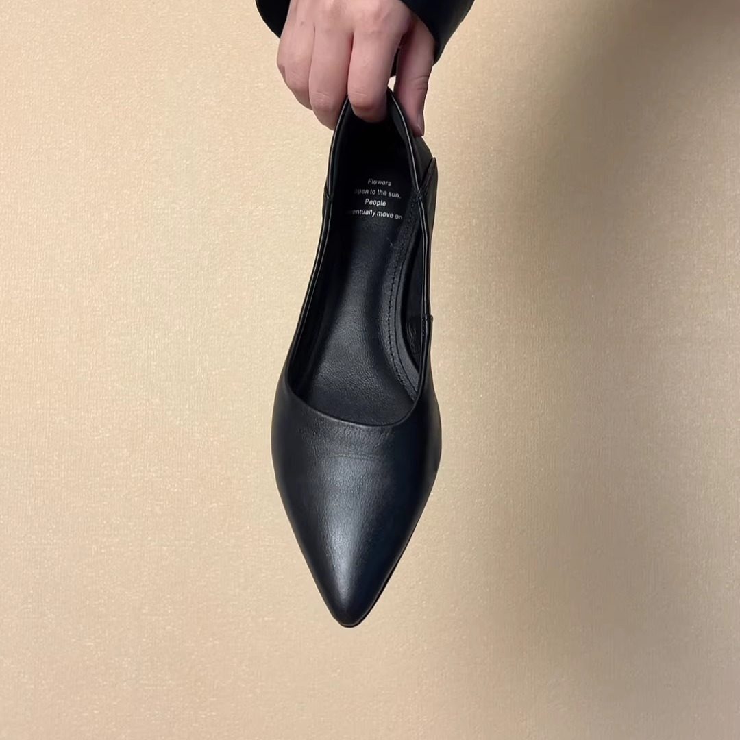 RubyL/3cm复古风棕色尖头浅口单鞋女牛皮百搭一脚蹬平底奶奶鞋,淘宝优惠券,粉丝福利购,淘宝优惠卷