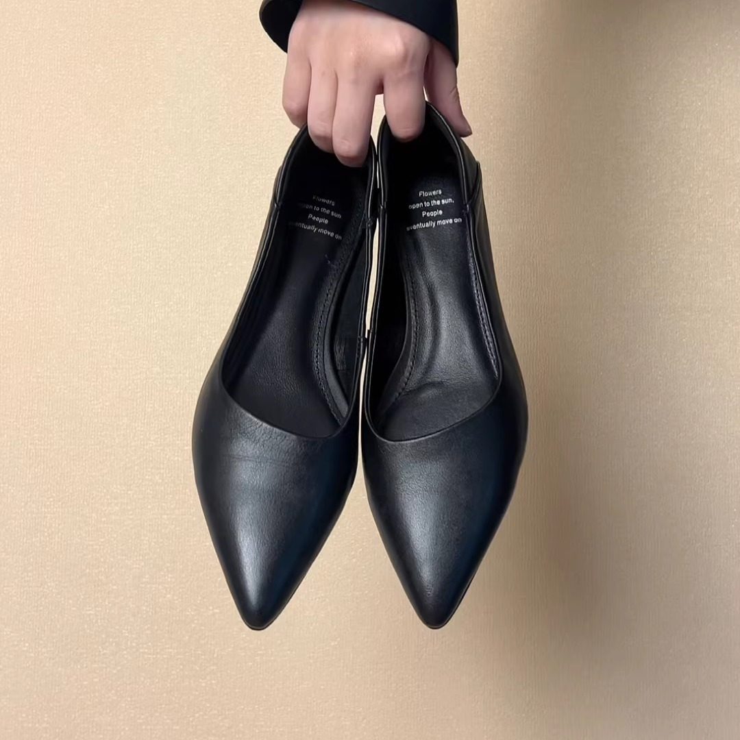 RubyL/3cm复古风棕色尖头浅口单鞋女牛皮百搭一脚蹬平底奶奶鞋,淘宝优惠券,粉丝福利购,淘宝优惠卷