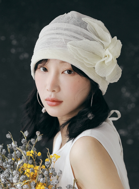 印计谷羽设计师原创款蕾丝网纱花朵包头帽女春秋日系文艺套头帽子