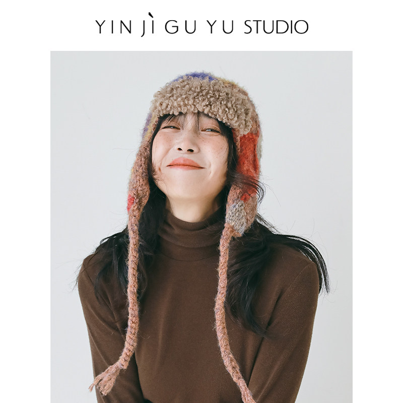印计谷羽原创款拼色保暖飞行帽子女冬加厚毛线帽防风针织冷帽,淘宝优惠券,粉丝福利购,淘宝优惠卷