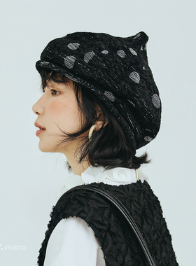 复古黑波点贝雷帽女秋冬显脸小