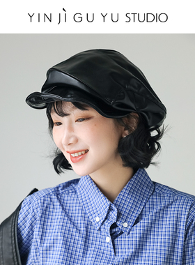 印计谷羽黑色不规则拼接报童帽