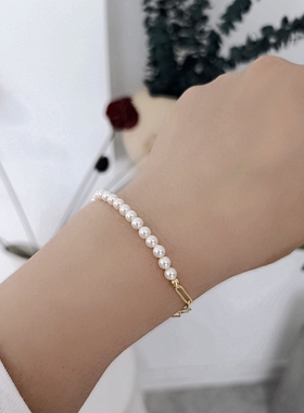 欧美ins法式优雅天然珍珠串珠金属链条拼接简约小众设计复古手链