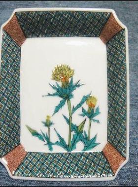 日本制 九谷烧 绿色古九谷风 方皿茶点盘 小碟子 凉菜盘 径15.5CM