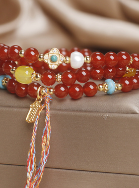 新中式三圈红玛瑙串珠手链