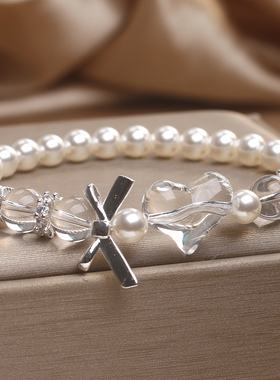 甜美透明珍珠水晶爱心蝴蝶结手链