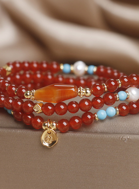 天然红玛瑙三圈手链女款新中式复古多层叠戴绿松石珍珠本命年手串