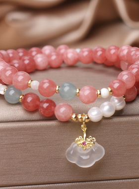 天然粉玉双圈水晶手链女款新中式