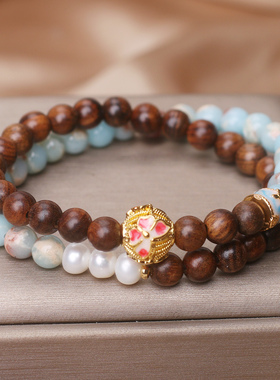 天然寿山石梨花木双圈手链女款