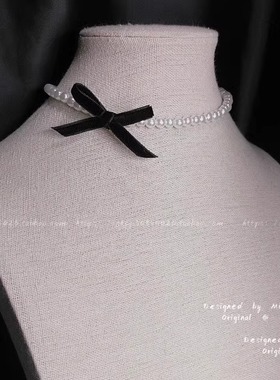 韩国气质黑色丝带蝴蝶结珍珠项链