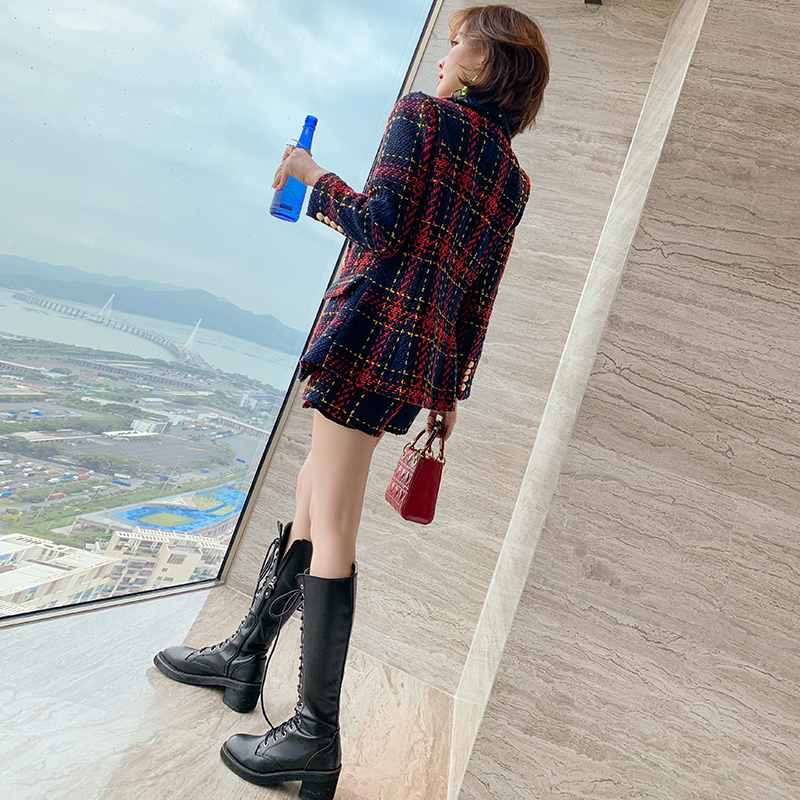 MIUCO复古粗花呢双排扣西装外套+高腰A字裙裤套装女2020秋冬新款 - 图1