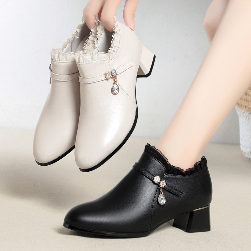 中年女士皮鞋女款走秀高跟鞋单鞋真皮秋季女鞋子妈妈舞鞋蕾丝短靴,淘宝优惠券,粉丝福利购,淘宝优惠卷