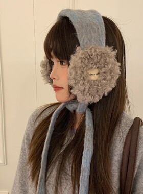 韩国复古格纹毛绒拼接耳罩女冬季保暖绑带防冻耳暖耳捂子