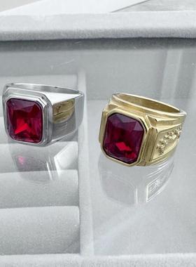方形男士玻璃戒指红宝石18K金