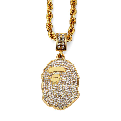 Hiphop Chain Chris Brown同款手工镶钻猿人头吊坠嘻哈项链配饰品-图1