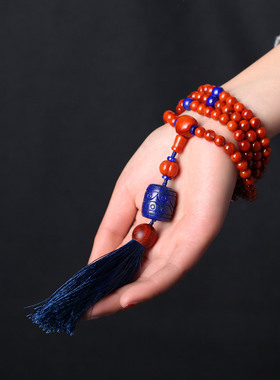 南红玛瑙多圈青金石精雕回纹珠