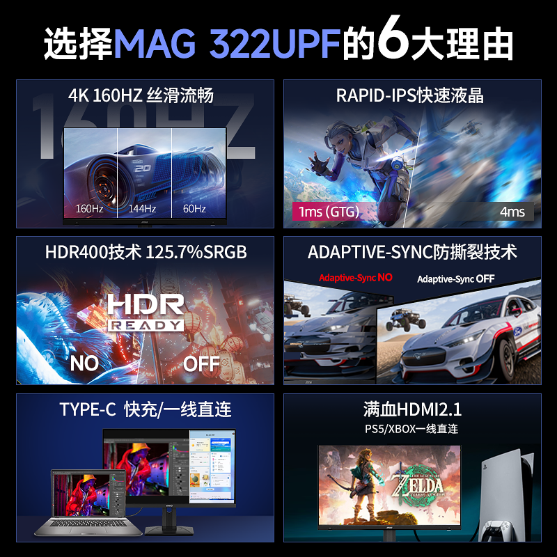 微星32英寸4K高清160HZ台式电竞MAG322UPF电脑144HZ显示器PS5屏幕 - 图0