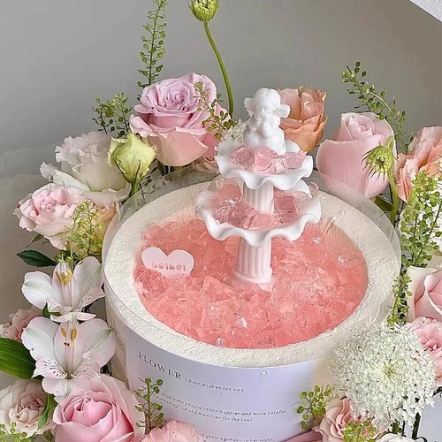 许愿池蛋糕摆件复古罗马柱喷泉天使塑料配件成品生日甜品装饰插件 - 图1
