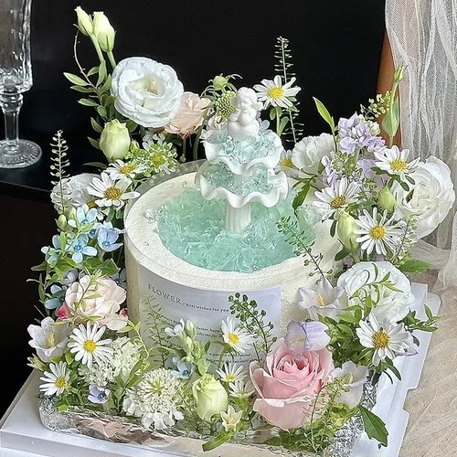 许愿池蛋糕摆件复古罗马柱喷泉天使塑料配件成品生日甜品装饰插件 - 图0