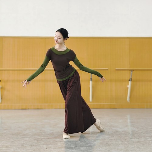 现代舞蹈服古典中国舞练功服女秋季假两件长袖上衣形体训练服瑜伽 - 图1