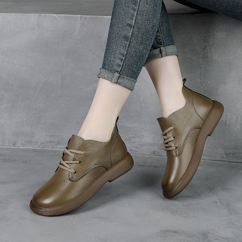 头层牛皮妈妈鞋秋冬季新款真皮平底深口单鞋女舒适不累脚系带皮鞋,淘宝优惠券,粉丝福利购,淘宝优惠卷