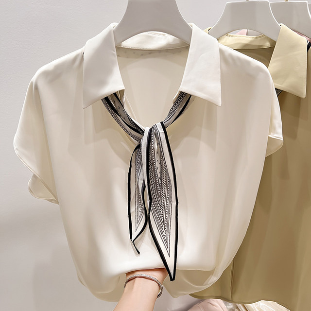 2025 ຮູບແບບໃຫມ່ຂອງຝຣັ່ງ temperament slim lapel silk scarf ແຂງສີ pullover ເສື້ອ chiffon ແຂນສັ້ນສໍາລັບແມ່ຍິງ summer