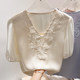2026 ຮູບແບບຝຣັ່ງແບບໃຫມ່ slim V-neck ອຸດສາຫະກໍາຫນັກ crochet beading ສີແຂງເສື້ອ chiffon ແຂນສັ້ນສໍາລັບແມ່ຍິງ summer ບາງໆ