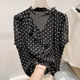 2026 ເສື້ອເຊີດແຂນສັ້ນຄໍ V-neck lace-up irregular temperament slim chiffon polka-dot chiffon for women in summer