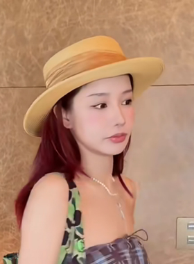 宅女同款时尚法式平顶草编遮阳帽女海边度假宽沿防晒太阳帽子草帽