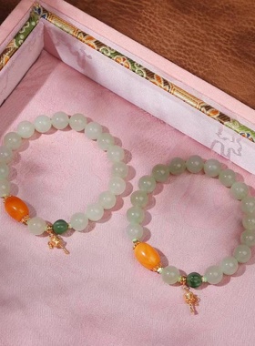 天然和田玉手链青海老料晴水9.5MM蜜蜡桶珠女款带证书