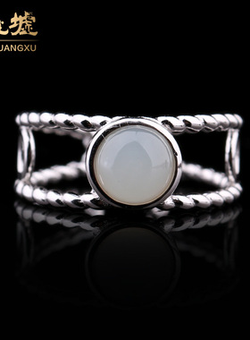 925银戒指女银饰品纯银首饰和田白玉指环韩版珠宝配饰HTC054