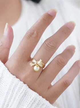 DIY手工制作珍珠戒指蝴蝶结开口戒指银饰s925纯银半成品空托配件