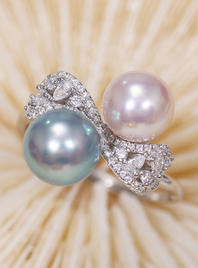 s925纯银戒指托配件diy手工制作珍珠饰品双珠蝴蝶结开口指环空托