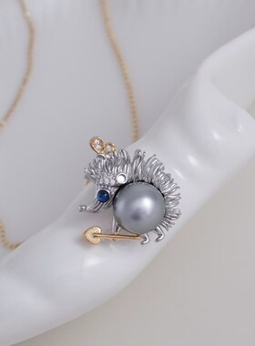 DIY手工制作珍珠项坠分色刺猬吊坠银饰 s925纯银吊坠空托配件