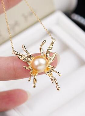 s925纯银戒指项坠含链两件套配件 diy手工制作珍珠蝴蝶吊坠套链