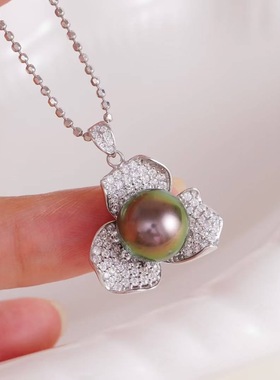 DIY手工制作珍珠配件S925纯银气质三瓣花吊坠项坠空托吊饰8-12mm