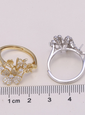 diy饰品配件 s925纯银珍珠戒指双珠空托配饰开口指环戒托银托材料