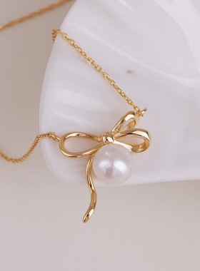 珍珠吊坠配件 s925纯银含项链蝴蝶结套链diy项坠空托手工制作饰品