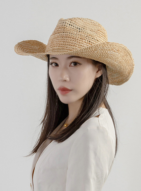 夏季新款黑色钩针拉菲草编织帽子女出游沙滩爵士礼帽卷边遮阳帽潮