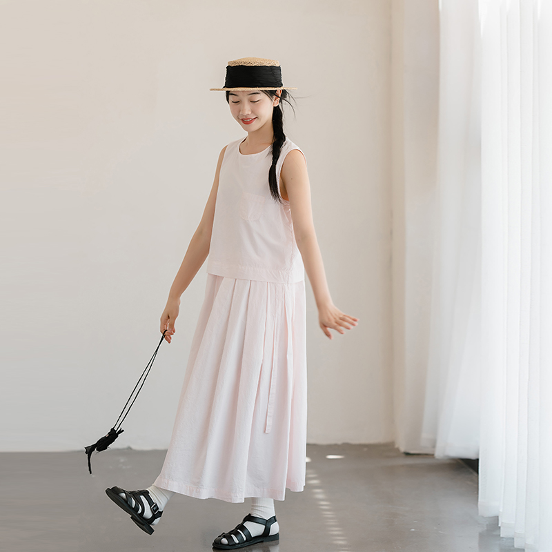 古苔 贝壳粉无袖连衣裙假两件可收腰法式日系文艺裙 - 图2