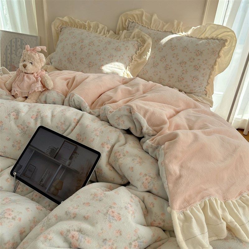 法式奶油风碎花四件套牛奶绒花边款F被套冬季加厚保暖床单人三件,淘宝优惠券,粉丝福利购,淘宝优惠卷