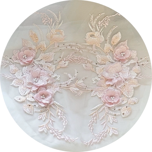 粉色立体花朵网纱刺绣布贴钉珠钻蕾丝补丁婚纱旗袍衣服裙装饰辅料 - 图3