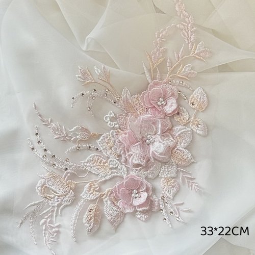 粉色立体花朵网纱刺绣布贴钉珠钻蕾丝补丁婚纱旗袍衣服裙装饰辅料 - 图2