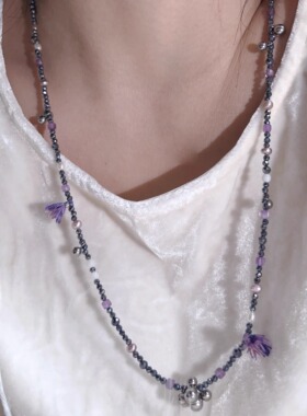 原创紫调水晶天然石珍珠流苏项链