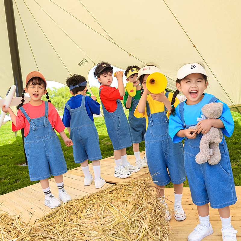 六一儿童演出服糖果色T恤幼儿园背带裤毕业照服装小学生啦啦队服-图3