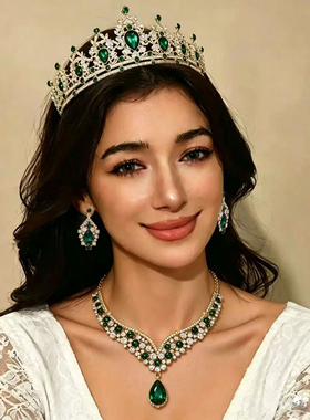 欧美水晶玻璃新娘项链耳环皇冠首饰套装三件套镶钻婚纱配饰演出饰
