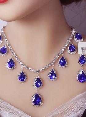 欧美热销夸张水滴新娘项链套装高档百搭水晶彩色锁骨链耳环两件套