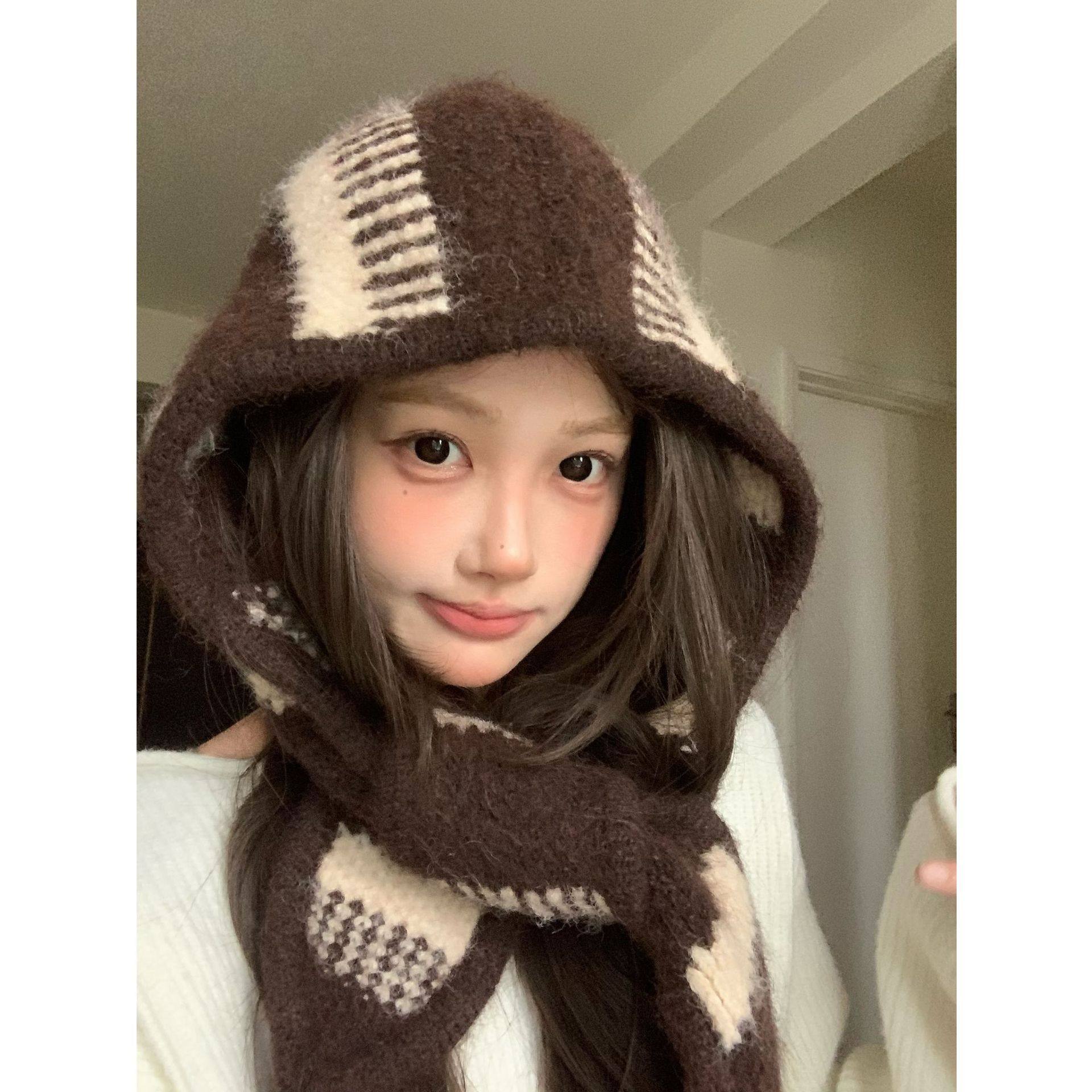 杨凯雯同款兔耳朵羊毛帽子围脖一体针织帽巴拉克拉法帽2025新款,淘宝优惠券,粉丝福利购,淘宝优惠卷