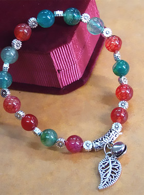 碧玺民族风苗银树叶铃铛复古手链