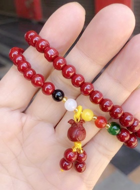 双圈普通含量朱砂手串女貔貅平安扣四叶过年饰品项链两用多圈手链